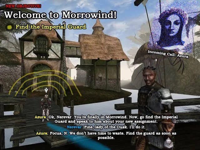 Welco Morrowind! 7 Find:the Imperial 7 Fog! Incom; Cau: я 0 У у 18 Агата: Nerevar. You're finally in Morrowind. Now, find the Imperial Guard and speak to him about your new assignment. Fine, lady of t