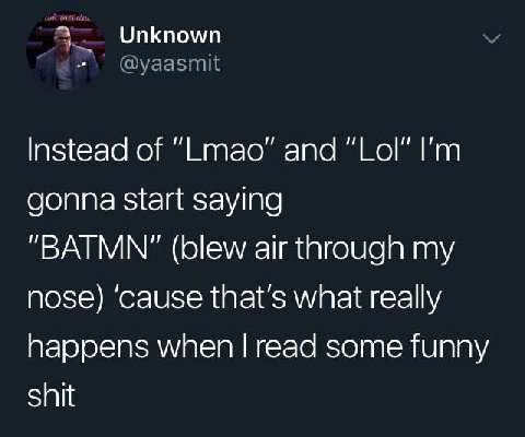 Unknown @yaasmit Instead of and “Lol” gonna start saying "ВАТММ" (blew air through my nose) ‘cause that’s what really happens when read some funny shit