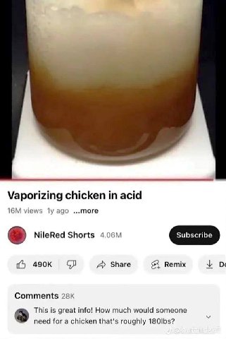 Vaporizing chicken in acid views ago ...more NileRed Shorts Share Comments This is great info! How much would someone need for a chicken that's roughly