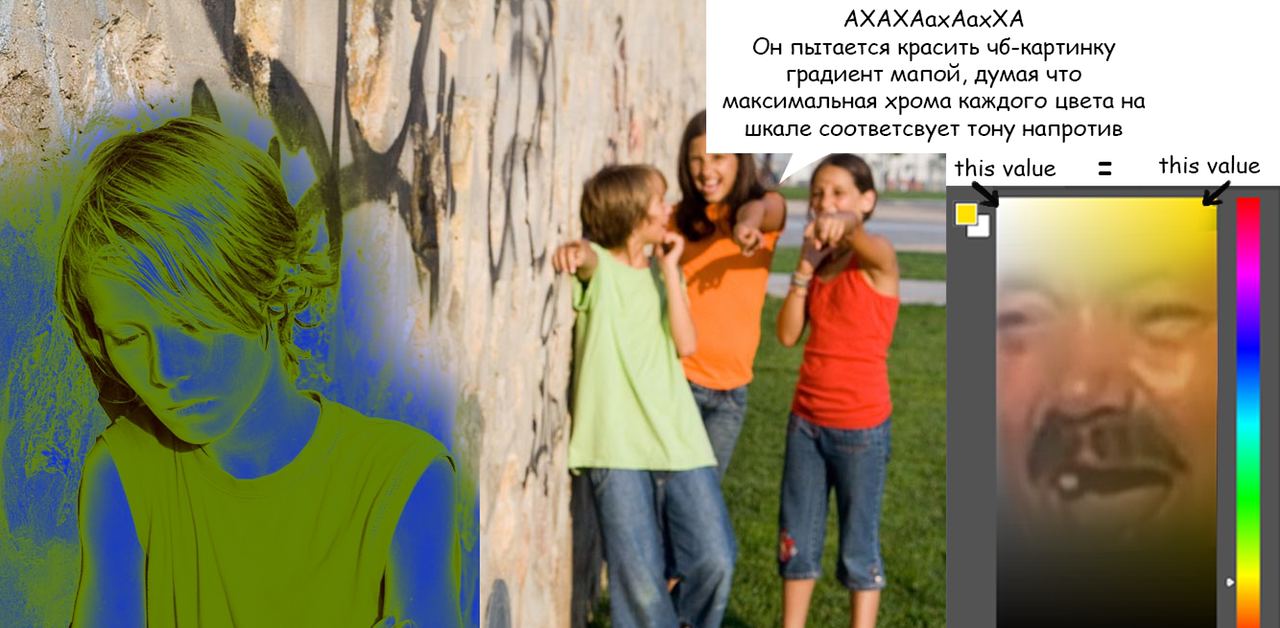 AXAXAaxAaxXA Он пытается красить чб-картинку градиент мапой, думая что максимальная хрома каждого цвета на шкале соответсвует тону напротив this value у