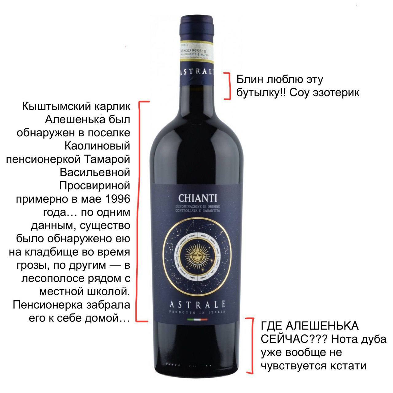 Блин люблю эту бутылку!! Coy эзотерик Кыштымский карлик Алешенька был обнаружен в поселке Каолиновый пенсионеркой Тамарой Васильевной Просвириной примерно в мае 1996 CHIANTI года... по одним данным, с
