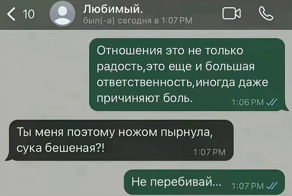 Любимый. 10 был(-а) сегодня в 1:07 Отношения это не только радость, это еще и большая ответственность, иногда даже причиняют боль. Ты меня поэтому ножом пырнула, сука бешеная?! 1:07 Не перебивай...