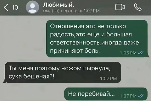 Любимый. 10 был(-а) сегодня в 1:07 Отношения это не только радость, это еще и большая ответственность, иногда даже причиняют боль. Ты меня поэтому ножом пырнула, сука бешеная?! 1:07 Не перебивай...