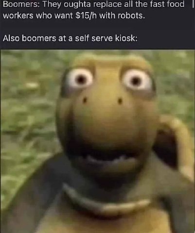 Boomers: They oughta replace а! the fast food workers who want with robots. Also boomers at a self serve kiosk: a a