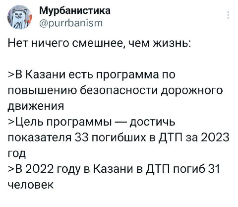Мурбанистика @purrbanism Нет ничего смешнее, чем жизнь: >В Казани есть программа по повышению безопасности дорожного движения >Цель программы достичь показателя 33 погибших в ДТП за 2023 год >В 2022 г