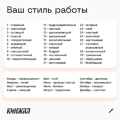 Ваш стиль работы 1 отважный 11 трудноуправляемый 22 игривый 12 ленивый 23 злой 2 уверенный 3 уставший 13 вдохновляющий 24 опытный 4 пьяный 14 аморальный 25 вежливый 5 гиперактивный 15 восхитительный 2