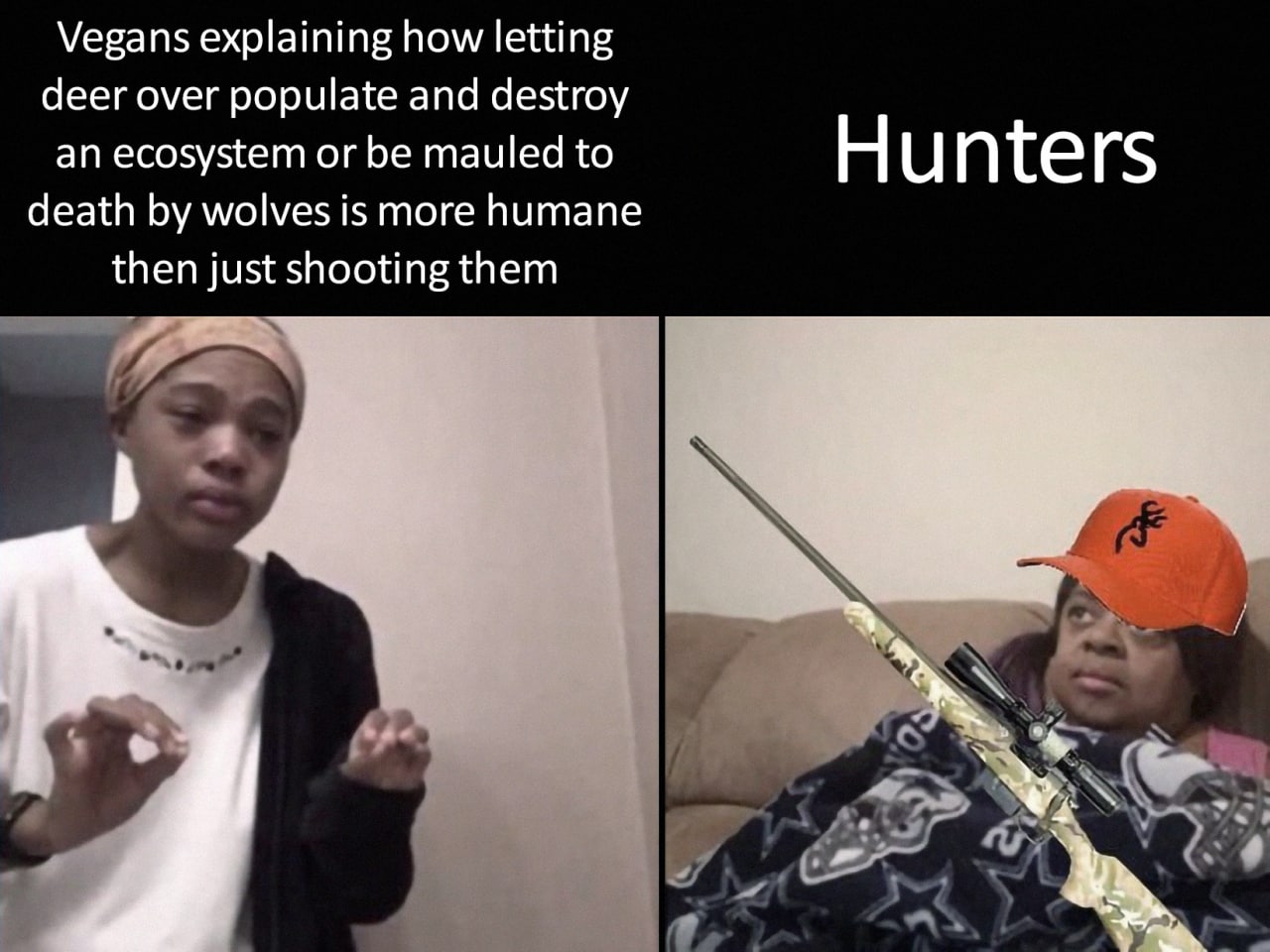Vegans explaining how letting deer over populate and destroy an ecosystem or be mauled to Hunters death wolves is more humane then just shooting them у