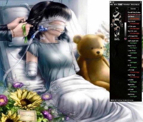 В и 7 у Info Skills ‘Health’ Protection Temperature Exerdse Overall Body Status Very Severe damage 7 Left Hand Right Hand Left Forzarm 2 Right Forearm Fight Upper Arm bandaged Upper Torso Bandaged С L
