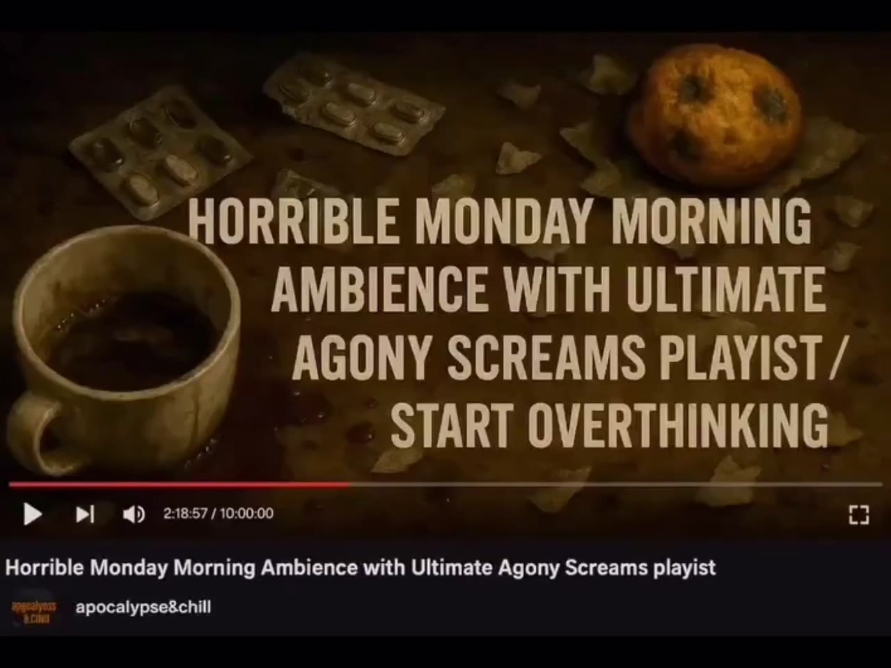 ~HORRIBLE MONDAY MORNING г. AMBIENCE WITH ULTIMATE AGONY SCREAMS PLAYIST/ в 7’ ‚ ЭТАВТ OVERTHINKING START OVERTHINKING