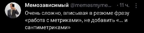 Мемозависимый Фтетезтуте... Очень сложно, вписывая в резюме фразу «работа с метриками», не добавить и сантиметриками»