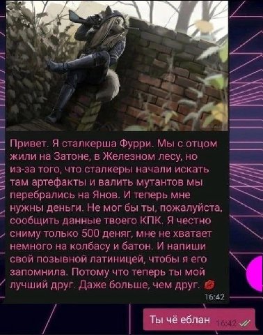 4) “у 3% Привет. Я сталкерша Фурри. Мы с отцом жили на Затоне, в Железном лесу, но из-за того, что сталкеры начали искать там артефакты и валить мутантов мы перебрались на Янов. И теперь мне нужны ден