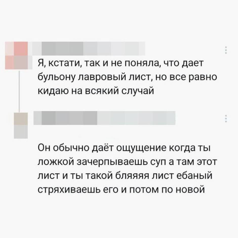 Я, кстати, так и не поняла, что дает бульону лавровый лист, но все равно кидаю на всякий случай Он обычно даёт ощущение когда ты ложкой зачерпываешь суп атам этот лист и ты такой бляяяя лист ебаный ст