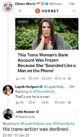Clown World *.7 HORNET BUSINESS 73 This Trans Bank Account Was Frozen Because She ‘Sounded Like a Man on the 133,667 Layah Heilpern @LayahHeilp... Replying to @ClownWorld_ That’s cos he is a man 1199 