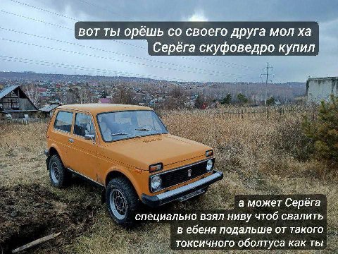вот ты орешь своего друга мол Серёга скуфоведро купил A а может Серега специально взял ниву чтоб свалить в ебеня подальше от такого токсичного оболтуса как ты