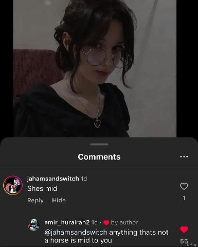 4 и, a у Comments jahamsandswitch Shes mid Reply Hide amir_hurairah2 author @jahamsandswitch anything thats not a horse is mid to you