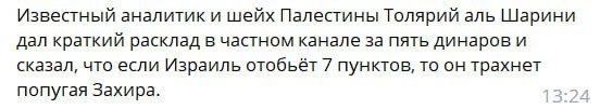 Известный аналитик и шейх Палестины Толярий аль Шарини дал краткий расклад в частном канале за пять динаров и сказал, что если Израиль отобьёт 7 пунктов, то он трахнет попугая Захира.