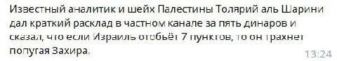 Известный аналитик и шейх Палестины Толярий аль Шарини дал краткий расклад в частном канале за пять динаров и сказал, что если Израиль отобьёт 7 пунктов, то он трахнет попугая Захира.