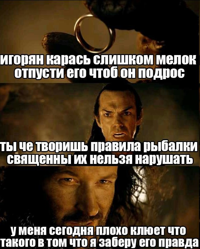 игорян карась слишком мелок отпусти его чтоб он подрос ты че творишь правила рыбалки священны нельзя нарушать We уменя сегодня плохо клюет что такого в том что я заберу его правда