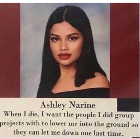Ashley Магше When I die, I want the people I did group projects with to lower me into the ground so they can let me down one last time.