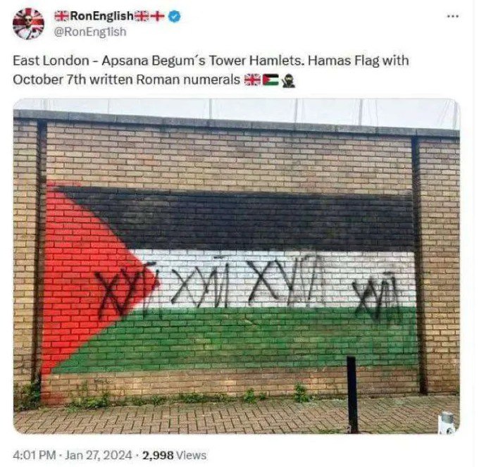 East London Apsana Begum’s Tower Hamlets. Hamas Flag with October written Roman numerals a 4 4:01 Jan 27, 2024 2.998 Views