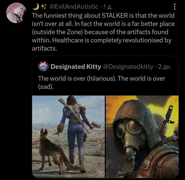 The funniest thing about STALKER is that the world isn't over at all. fact the world is a far better place (outside the Zone) because of the artifacts found within. Healthcare is completely revolution