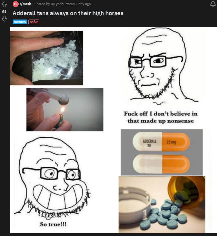 r/meth 98 Adderall fans always on their high horses -2 Fuck off I don’t believe in that made up nonsense So true!!!