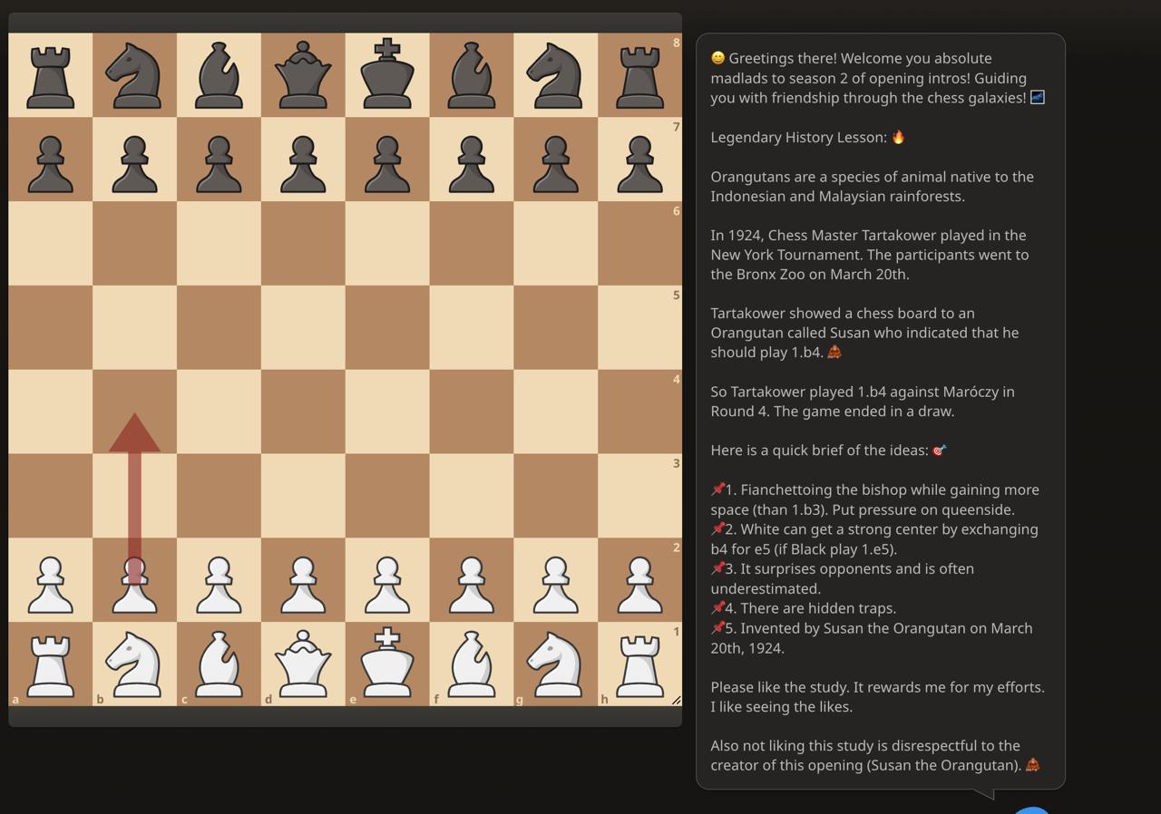 Greetings there! Welcome you absolute madlads to season 2 of opening intros! Guiding you with friendship through the chess galaxies! Legendary History Lesson: Orangutans are a species of animal native