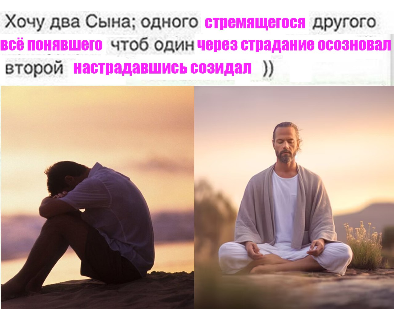 Хочу два Сына; одного стремящегося другого всё понявшего чтоб страдание осозновал второй настрадавшись созидал