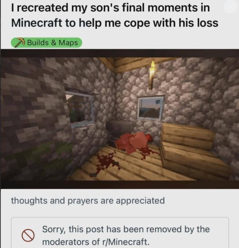 recreated my son's final moments in Minecraft to help me cope with his loss Maps. fat и is thoughts and prayers are appreciated Sorry, this post has been removed the moderators of r/Minecraft.