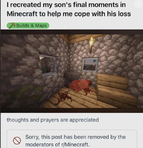 recreated my son's final moments in Minecraft to help me cope with his loss Maps. fat и is thoughts and prayers are appreciated Sorry, this post has been removed the moderators of r/Minecraft.