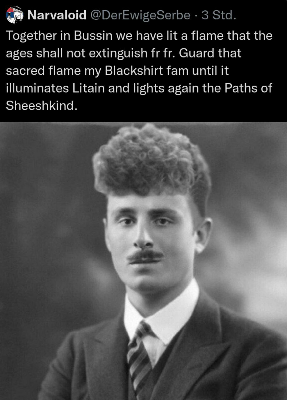 Narvaloid Together in Bussin we have lit a Нате that the ages shall not extinguish Guard that sacred flame my Blackshirt fam until it illuminates Litain and lights again the Paths of Sheeshkind.