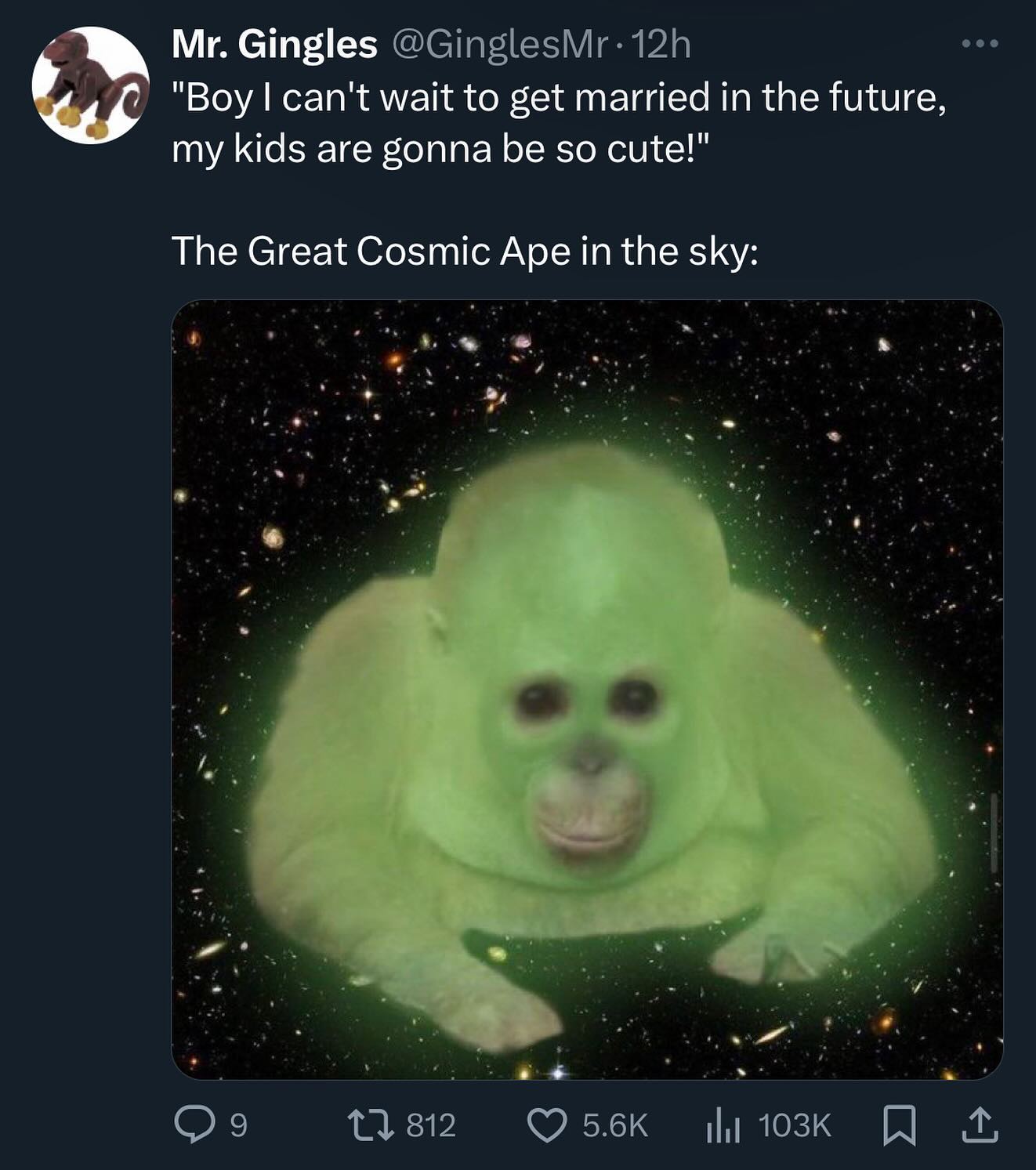 Gingles "Boy can't wait to get married in the future, my kids are gonna be so cute!" The Great Cosmic Ape in the sky: