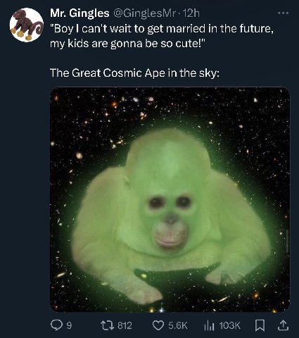 Gingles "Boy can't wait to get married in the future, my kids are gonna be so cute!" The Great Cosmic Ape in the sky: