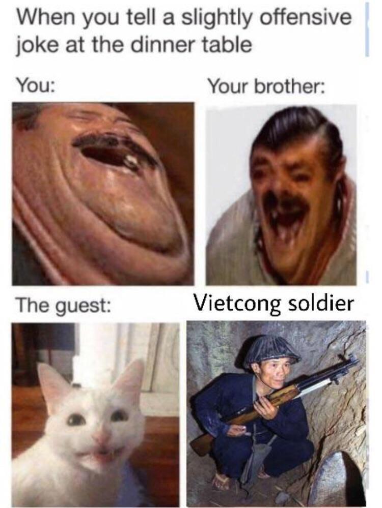 When you tell a slightly offensive joke at the dinner table You: Your brother: The guest: Vietcong soldier