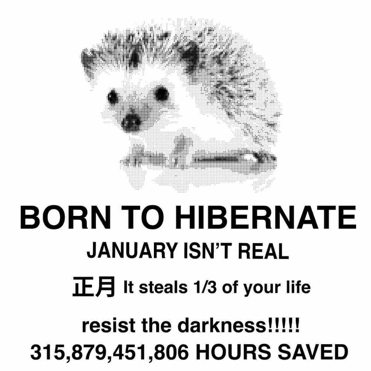 BORN ТО HIBERNATE JANUARY ISN’T REAL It steals 1/3 of your life resist the darkness!!!!! 315,879,451,806 HOURS SAVED