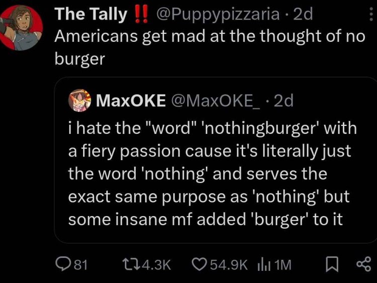 The Tally @Puppypizzaria Americans get mad at the thought of по burger MaxOKE i hate the "word" 'nothingburger' with a fiery passion cause It's literally just the word 'nothing' and serves the exact s