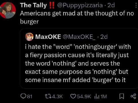 The Tally @Puppypizzaria Americans get mad at the thought of по burger MaxOKE i hate the "word" 'nothingburger' with a fiery passion cause It's literally just the word 'nothing' and serves the exact s