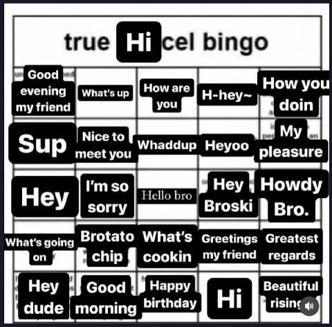 {гие bingo up How you my Nice to My Sup meet you Heyoo pleasure Hello bro Hey Howdy sorry Broski вго. What's going Brotato What's Greetings Greatest chip cookin myfriend regards Hey Good Нарру Beautif