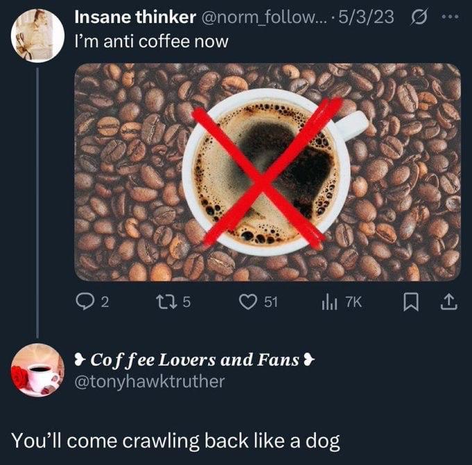 Insane thinker @norm follow...- 5/3/23 anti coffee now NES 9. a. Шшж Cof fee Lovers and Fans @tonyhawktruther come crawling back like a dog