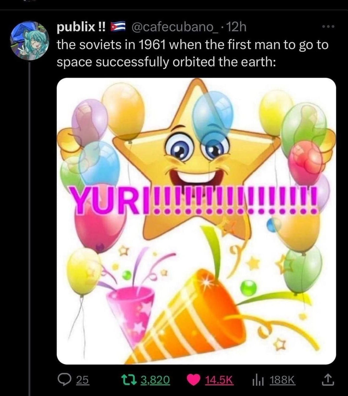 publix the soviets in 1961 when the first man to to space successfully orbited the earth: YURI 5 3,820