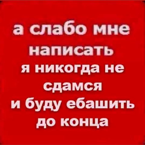 а слабо мне написать я никогда не сдамся и буду ебашить до конца