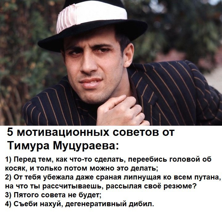 5 мотивационных советов Тимура Муцураева: 1) Перед тем, как что-то сделать, переебись головой об косяк, и только потом можно это делать; 2) От тебя убежала даже сраная липнущая всем путана, на что ты 