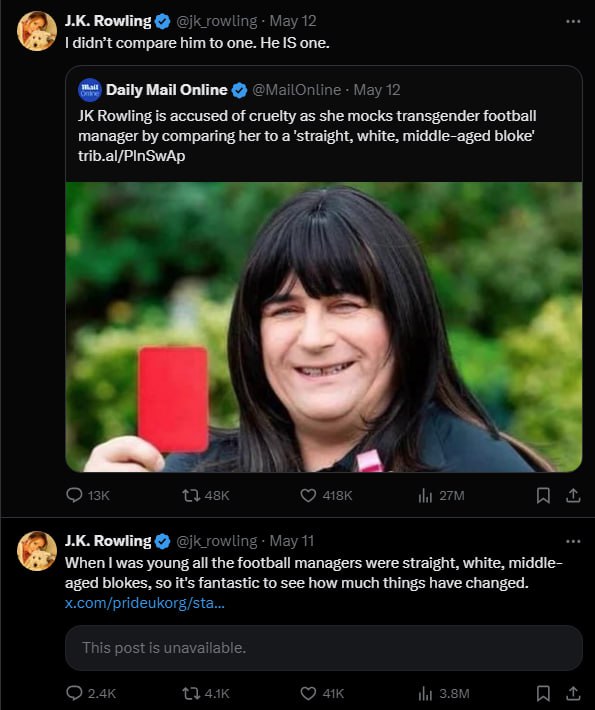 Rowling Мау 12 didn’t compare him to one. He IS one. Daily Май Online Мау 12 Rowling is accused of cruelty as she mocks transgender football manager comparing her to a'straight, white, middle-aged blo