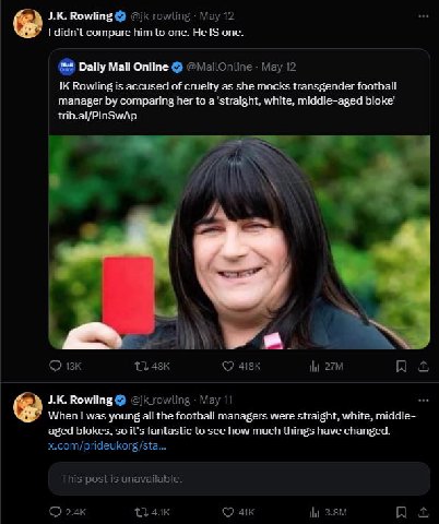 Rowling Мау 12 didn’t compare him to one. He IS one. Daily Май Online Мау 12 Rowling is accused of cruelty as she mocks transgender football manager comparing her to a'straight, white, middle-aged blo