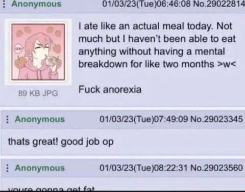 Anonymous 01/03/23(Tue)06:46:08 No.29022814 ate like an actual meal today. Not much but haven't been able to eat anything without having a mental breakdown for like two months 89 JPG Fuck anorexia Ano