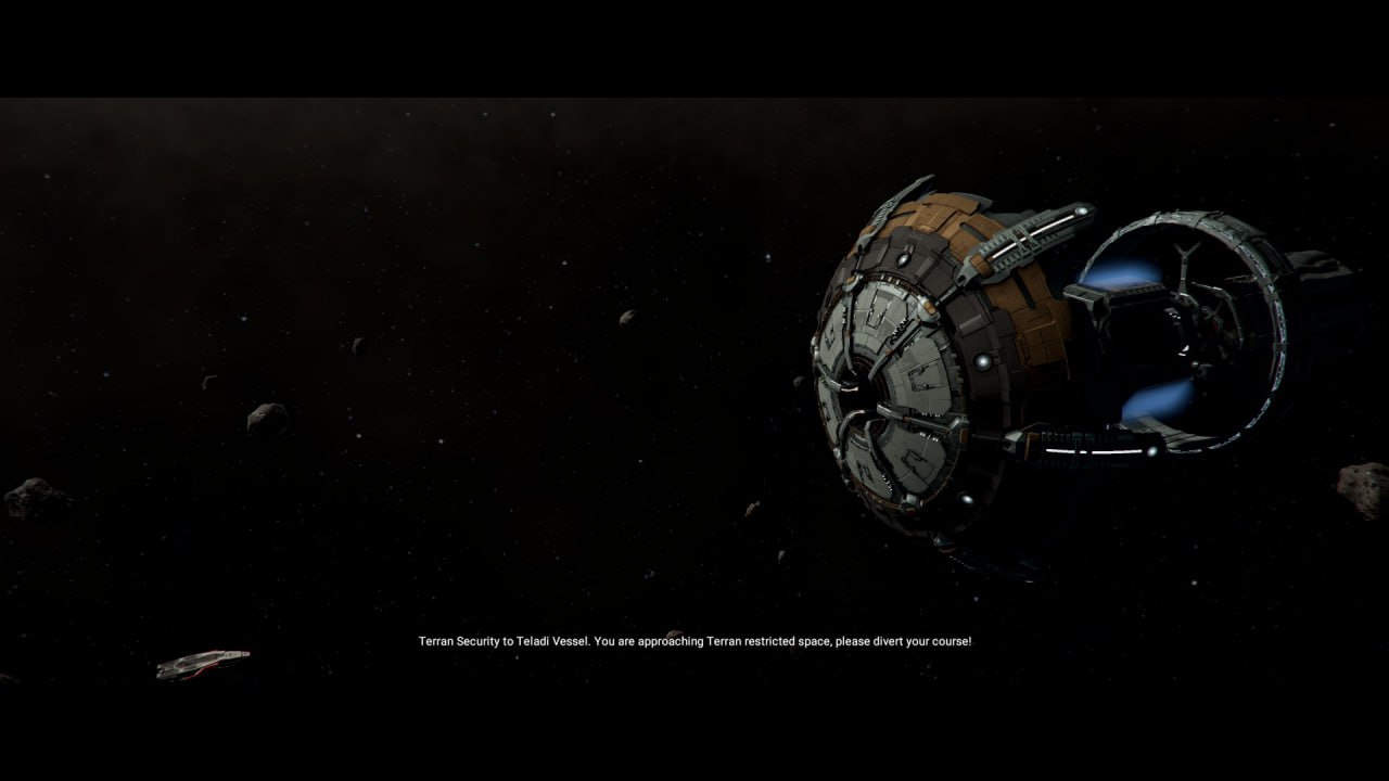 7 гай i в Terran Security to Teladi Vessel. You are approaching Terran restricted space, please divert your course!