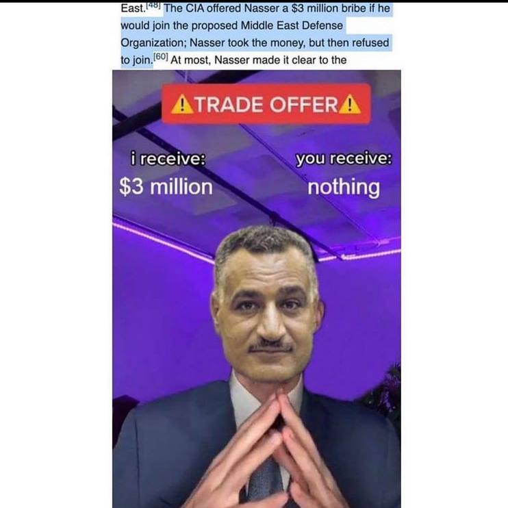The CIA offered Nasser а $3 million bribe if he would join the proposed Middle East Defense Organization; Nasser took the money, but then refused to join.!©°] At most, Nasser made it clear to the OFFE