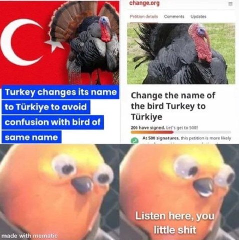 change.org Turkey changes its name Change the name of to to avoid the bird Turkey to confusion with bird of 7 nere; you 7 made with men shit