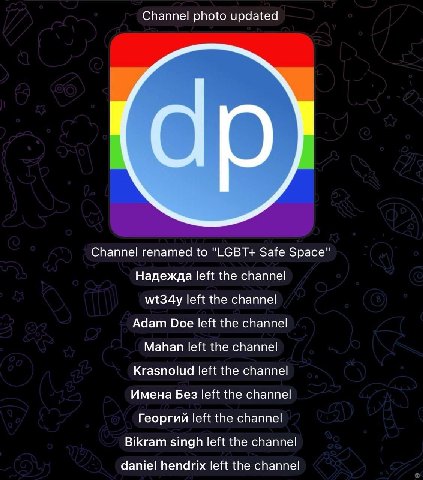 Channel photo updated Channel renamed to "LGBT+ Safe Space" Надежда left the channel wt34y left the channel Adam Doe left the channel Mahan left the channel Krasnolud left the channel Имена Без left t