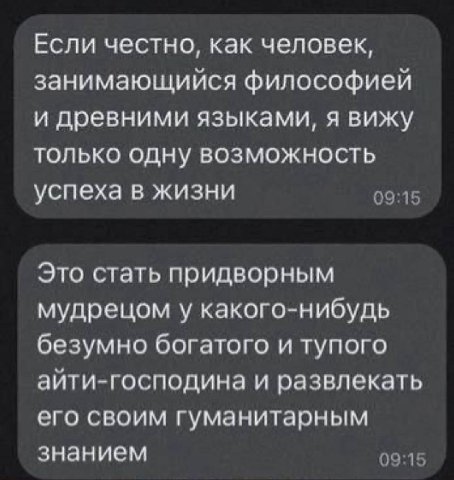Если честно, как человек, занимающийся философией и древними языками, я вижу только одну возможность успеха в жизни Это стать придворным мудрецом у какого-нибудь безумно богатого и тупого айти-господи
